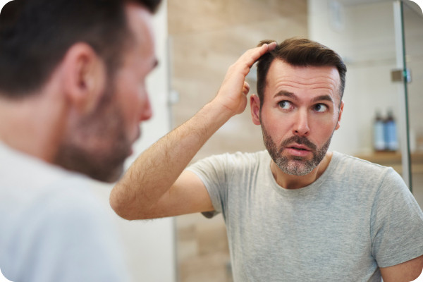 Mann, der wegen Haarausfall aufgrund von Eisenmangel besorgt ist.