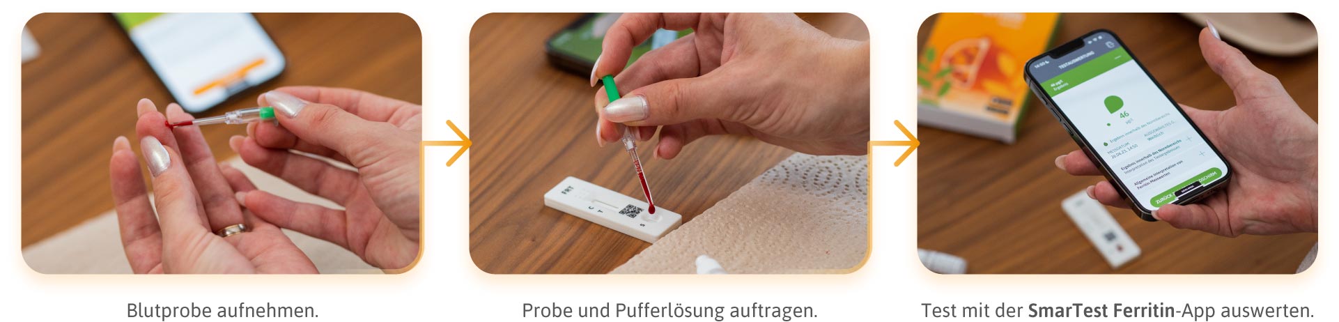 Kurzanleitung fuer einen Eisenmangeltest von der Blutprobennahme bis zur Auswertung mit dem Smartphone.