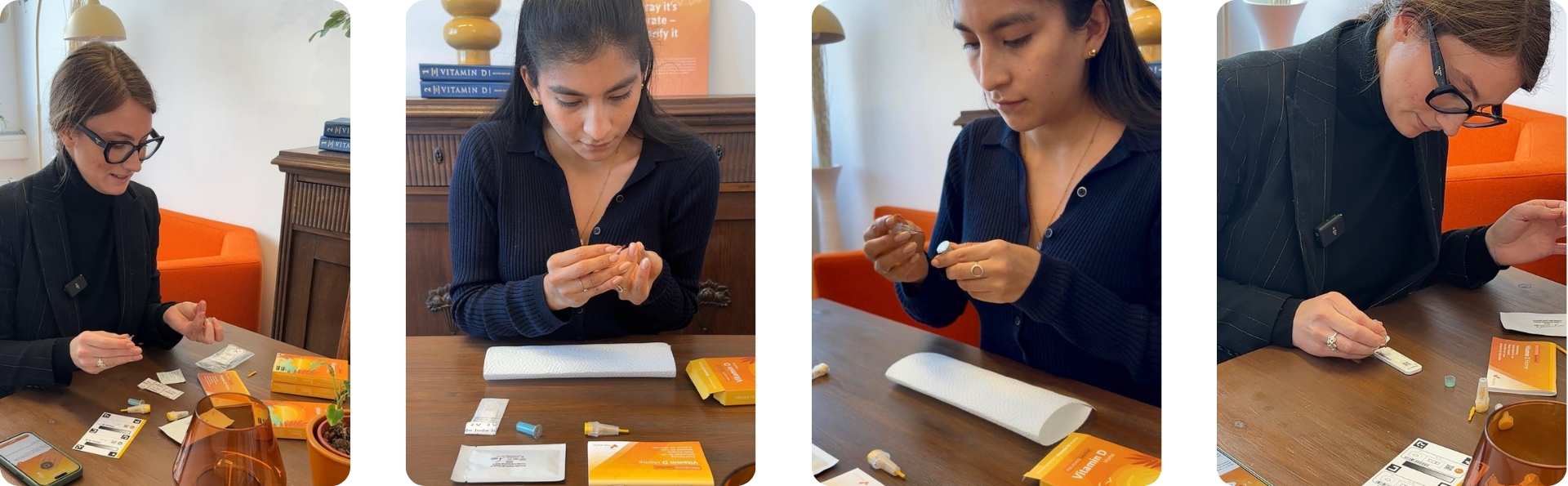 Collage mit zwei Frauen, die die Anwendung des Preventis SmarTest Vitamin D Selbsttests zu Hause demonstrieren.