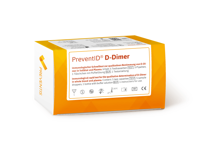 Produktbild PreventID D-Dimer-Schnelltest zur unterstuetzenden Diagnostik von Thrombose und Lungenembolie ueber Blutwerte.