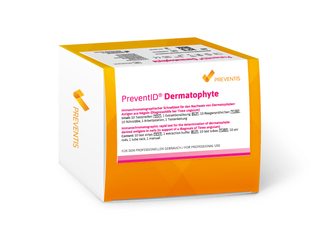 Verpackung des Schnelltests PreventID Dermatophyte zum Nachweis von Nagelpilz als Diagnosehilfe bei Tinea unguium.